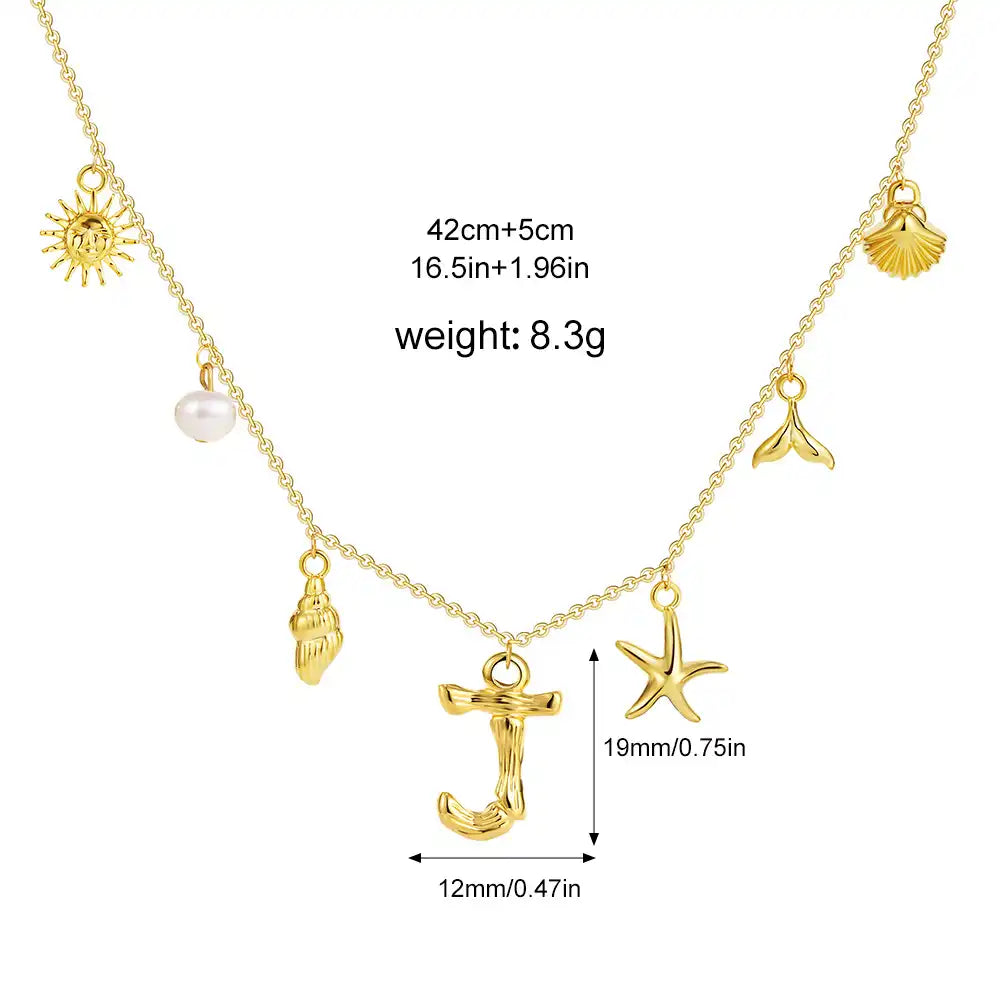 18K Gold PVD Stainless Steel Bohemian Shell Pearl Charm Letter Initial Necklace / KN4002