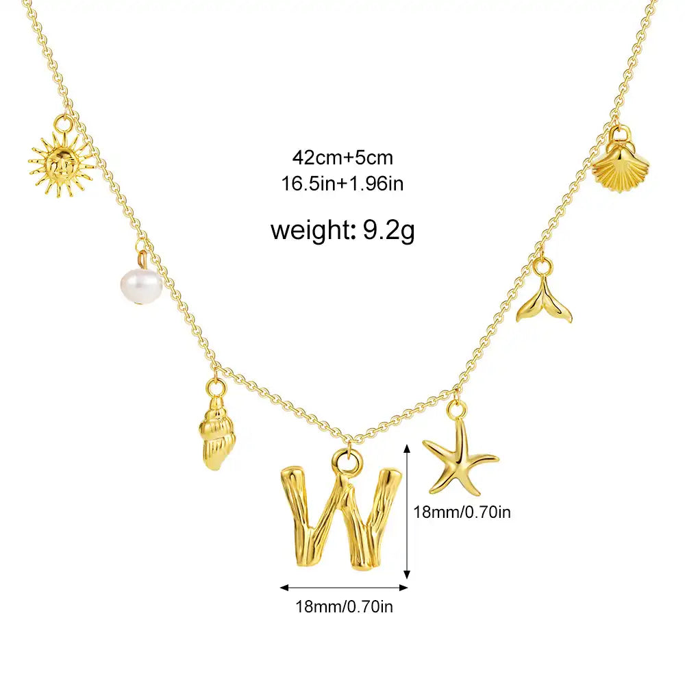 18K Gold PVD Stainless Steel Bohemian Shell Pearl Charm Letter Initial Necklace / KN4002