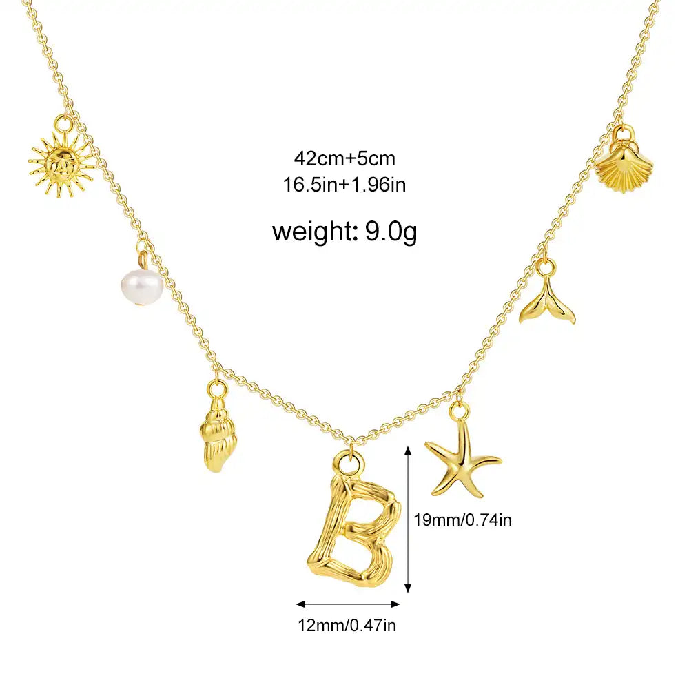 18K Gold PVD Stainless Steel Bohemian Shell Pearl Charm Letter Initial Necklace / KN4002