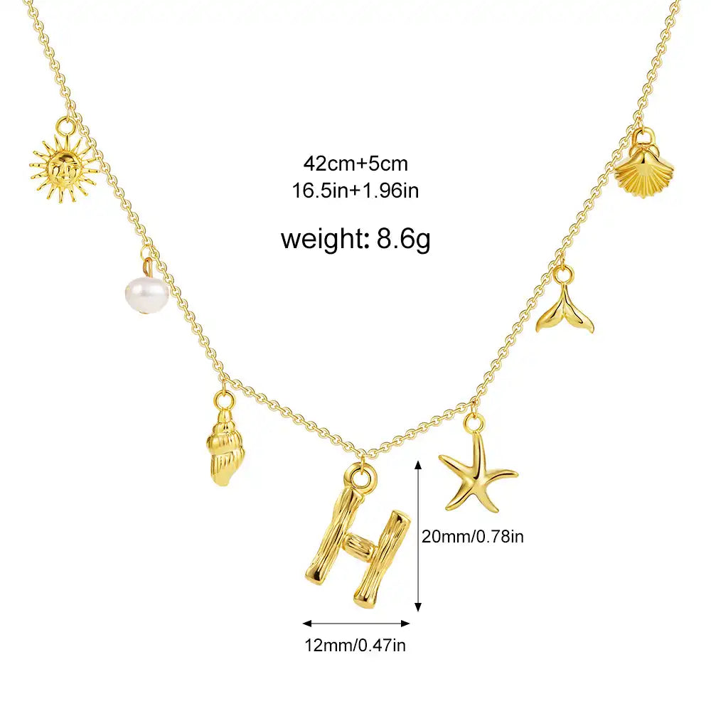 18K Gold PVD Stainless Steel Bohemian Shell Pearl Charm Letter Initial Necklace / KN4002