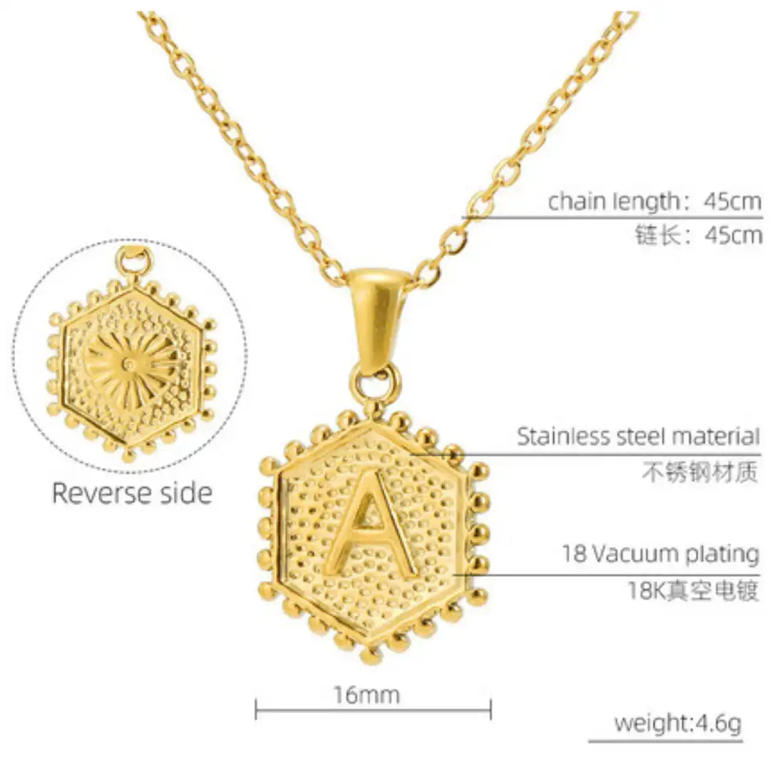 18K Gold PVD Stainless Steel Hexagon Letter Initial Pendant Necklace / KN1035