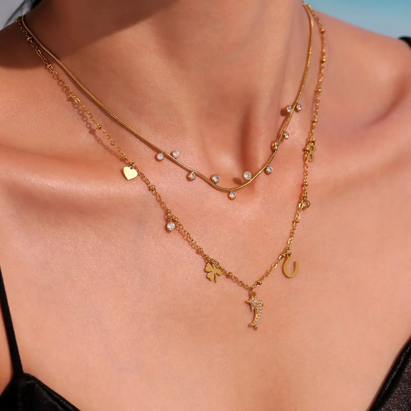 18K Gold PVD Stainless steel 5A zirconia little dolphin Charm Necklace / 25004008