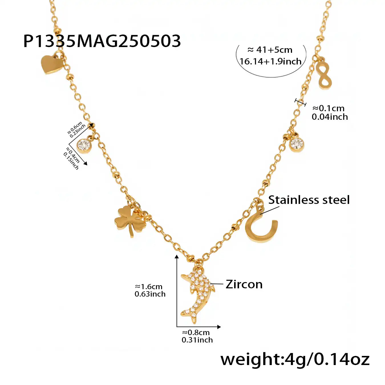 18K Gold PVD Stainless steel 5A zirconia little dolphin Charm Necklace / 25004008