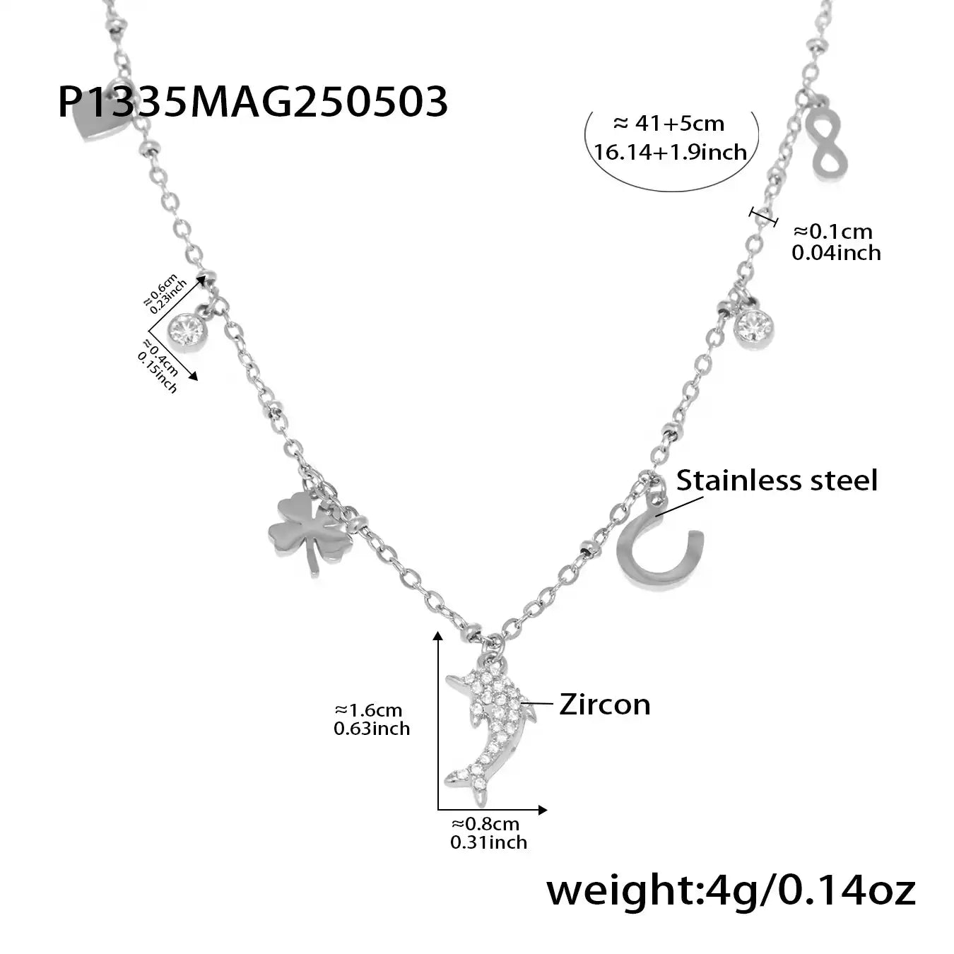 18K Gold PVD Stainless steel 5A zirconia little dolphin Charm Necklace / 25004008