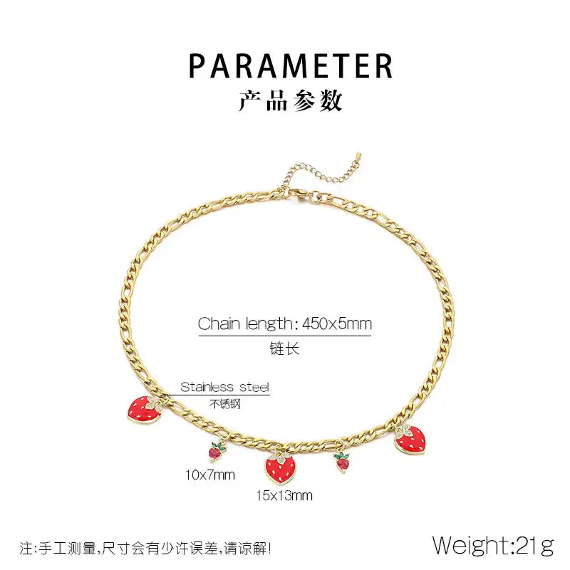 18K Gold PVD Titanium steel Strawberry and cherry Charm Pendant Necklace / 25003059