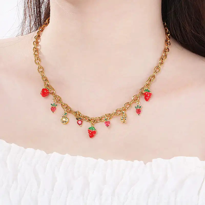 18K Gold PVD Titanium steel Strawberry and cherry Charm Pendant Necklace / 25003059