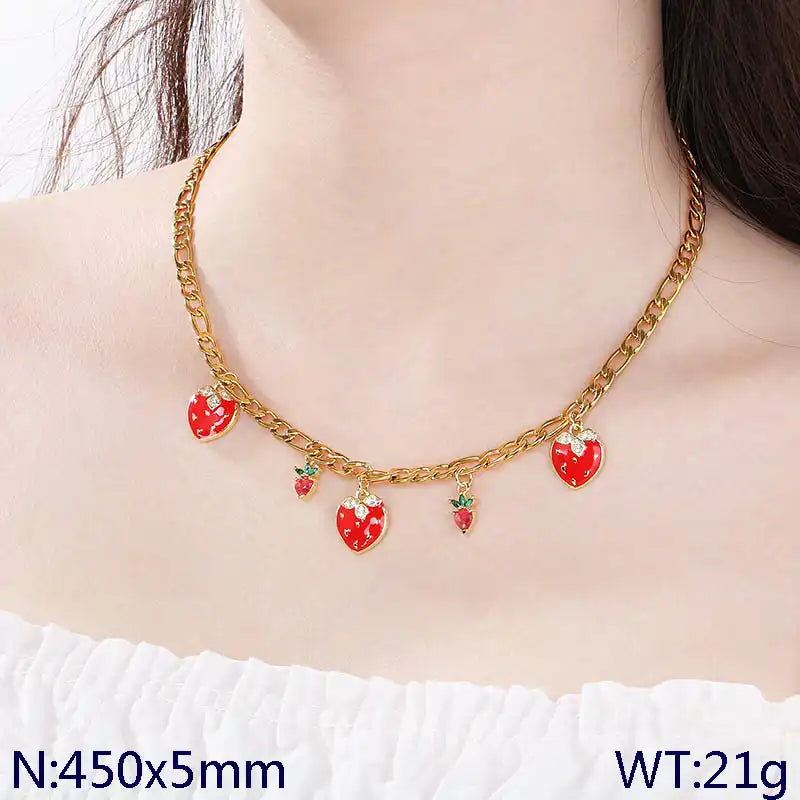 18K Gold PVD Titanium steel Strawberry and cherry Charm Pendant Necklace / 25003059