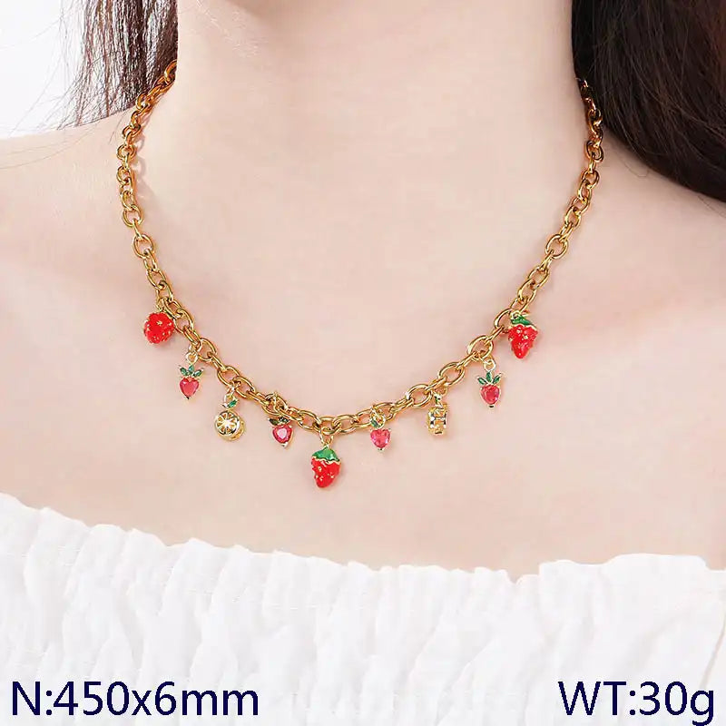 18K Gold PVD Titanium steel Strawberry and cherry Charm Pendant Necklace / 25003059