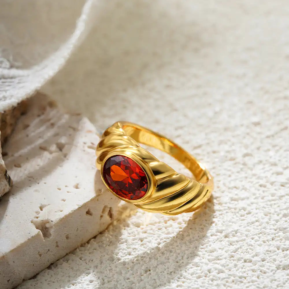 18K Gold Plated Oval Gemstone Solitaire Ring / KR0012