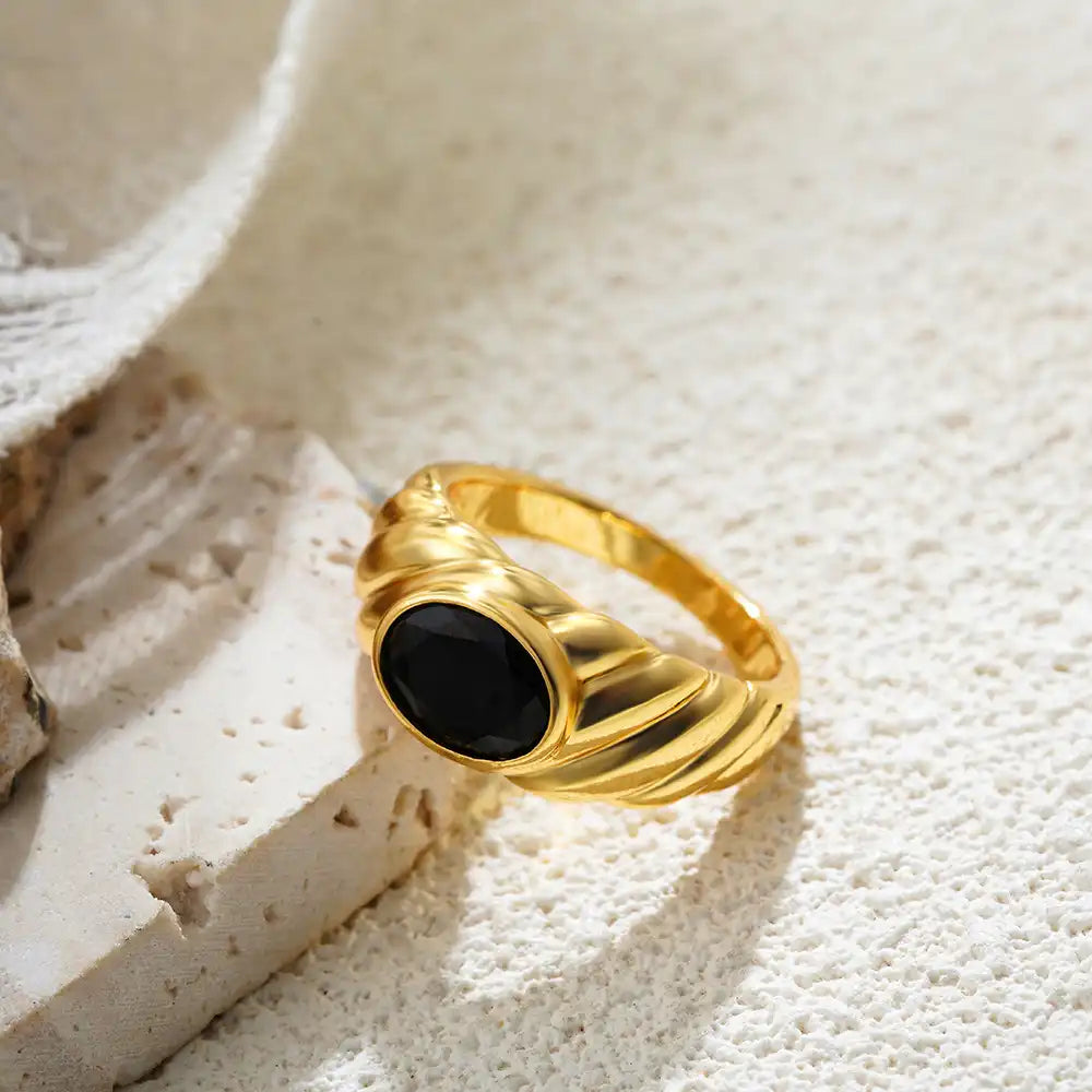 18K Gold Plated Oval Gemstone Solitaire Ring / KR0012