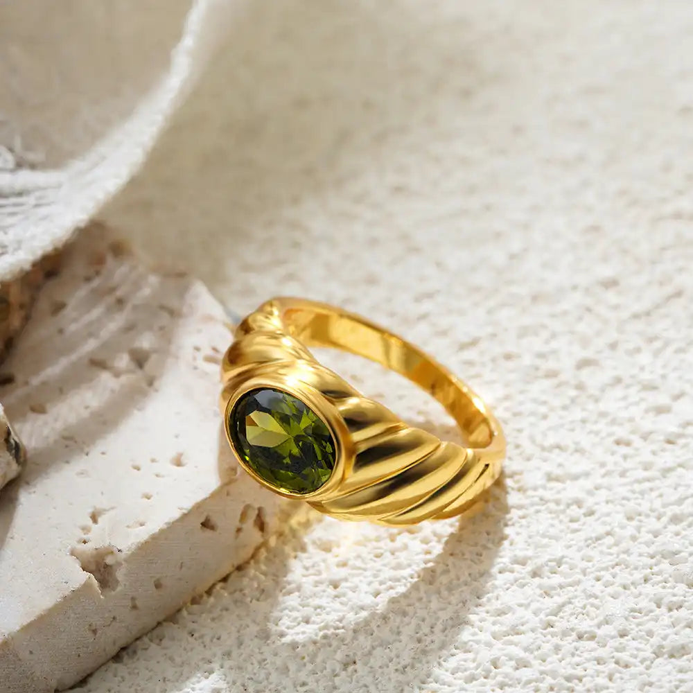 18K Gold Plated Oval Gemstone Solitaire Ring / KR0012