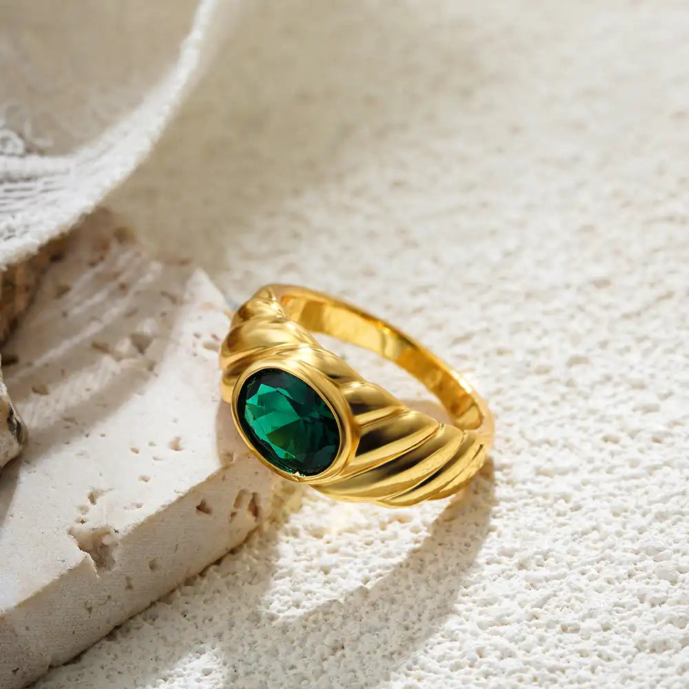 18K Gold Plated Oval Gemstone Solitaire Ring / KR0012