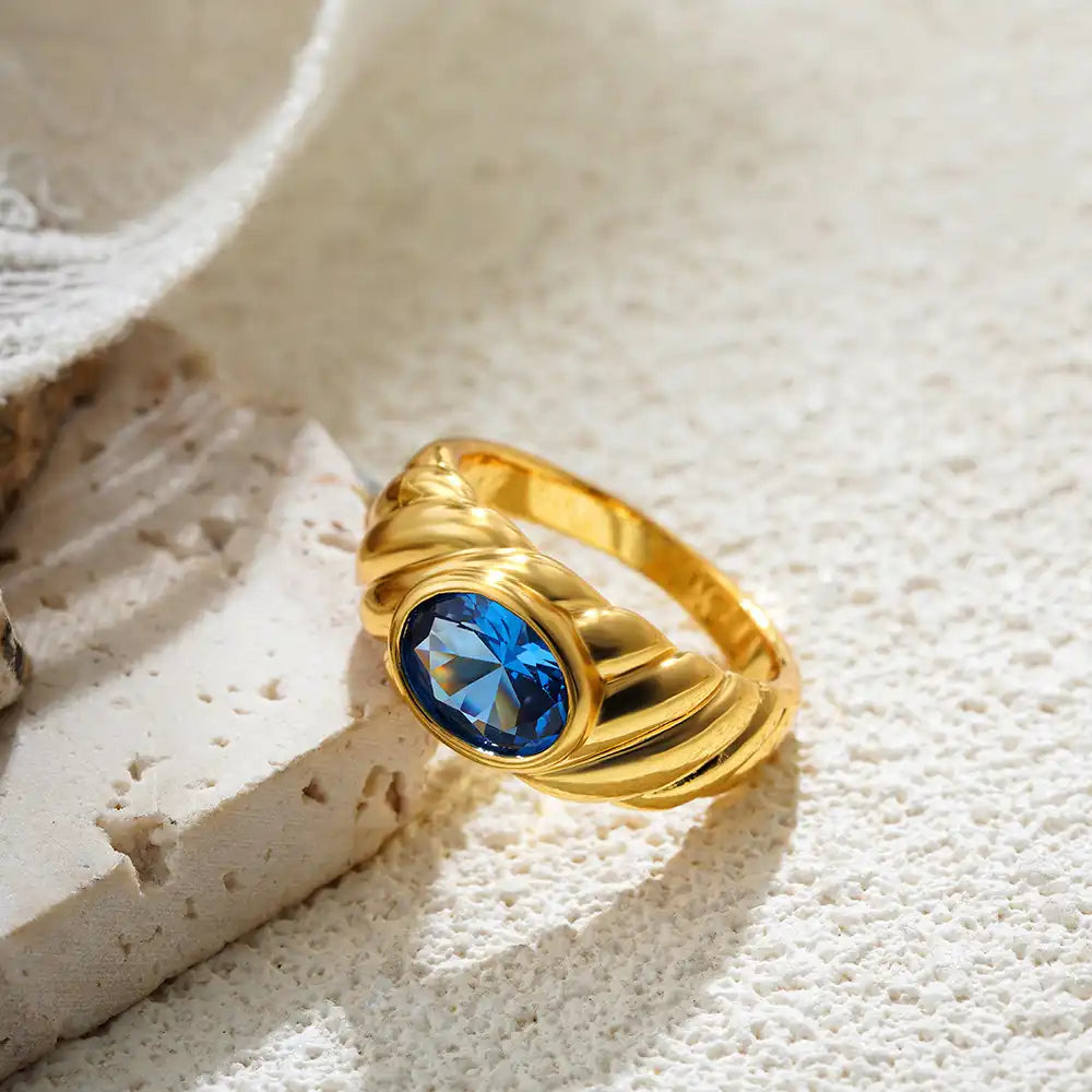 18K Gold Plated Oval Gemstone Solitaire Ring / KR0012