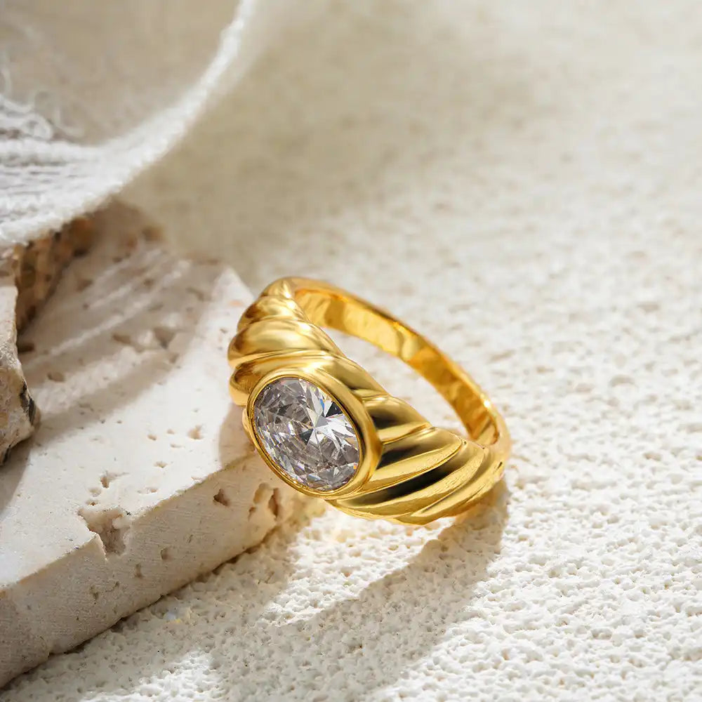 18K Gold Plated Oval Gemstone Solitaire Ring / KR0012