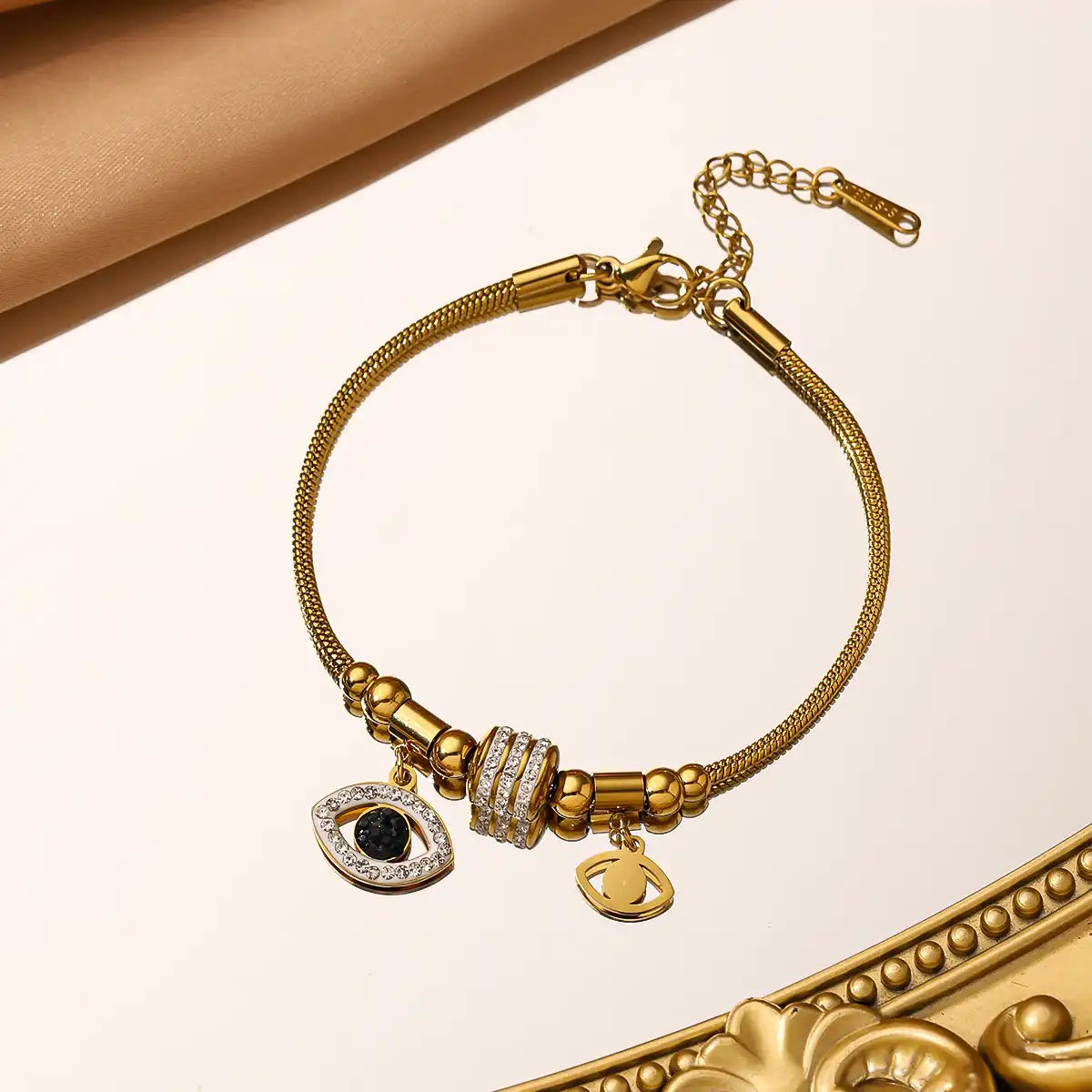 18K gold PVD titanium steel Rhinestone Inlay Eye Charm bracelet / 25303076