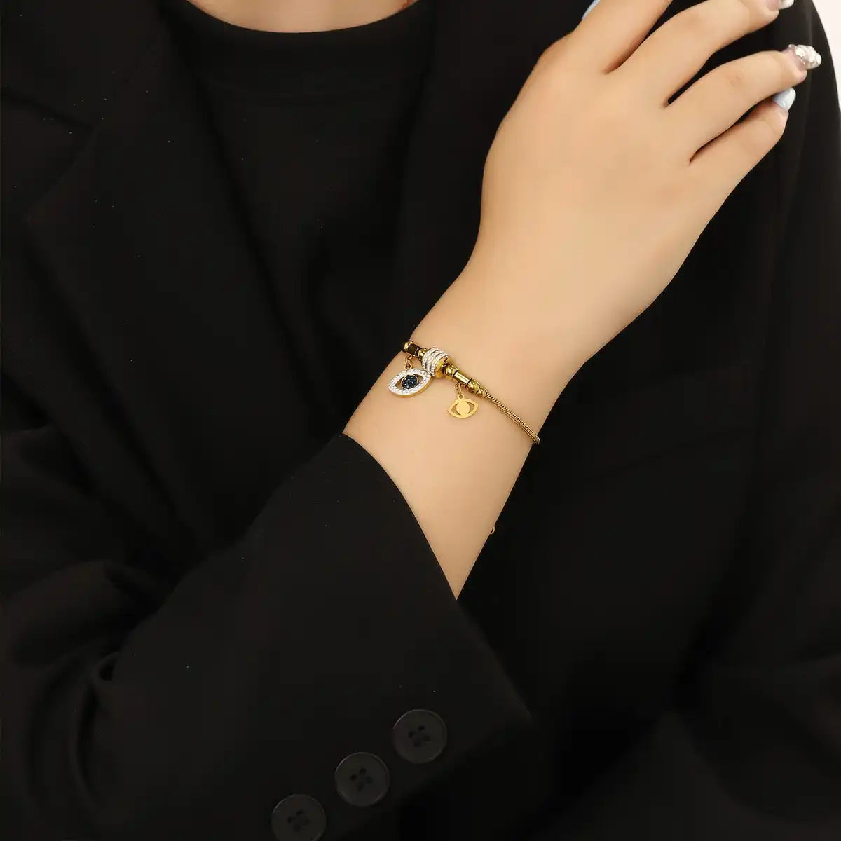 18K gold PVD titanium steel Rhinestone Inlay Eye Charm bracelet / 25303076