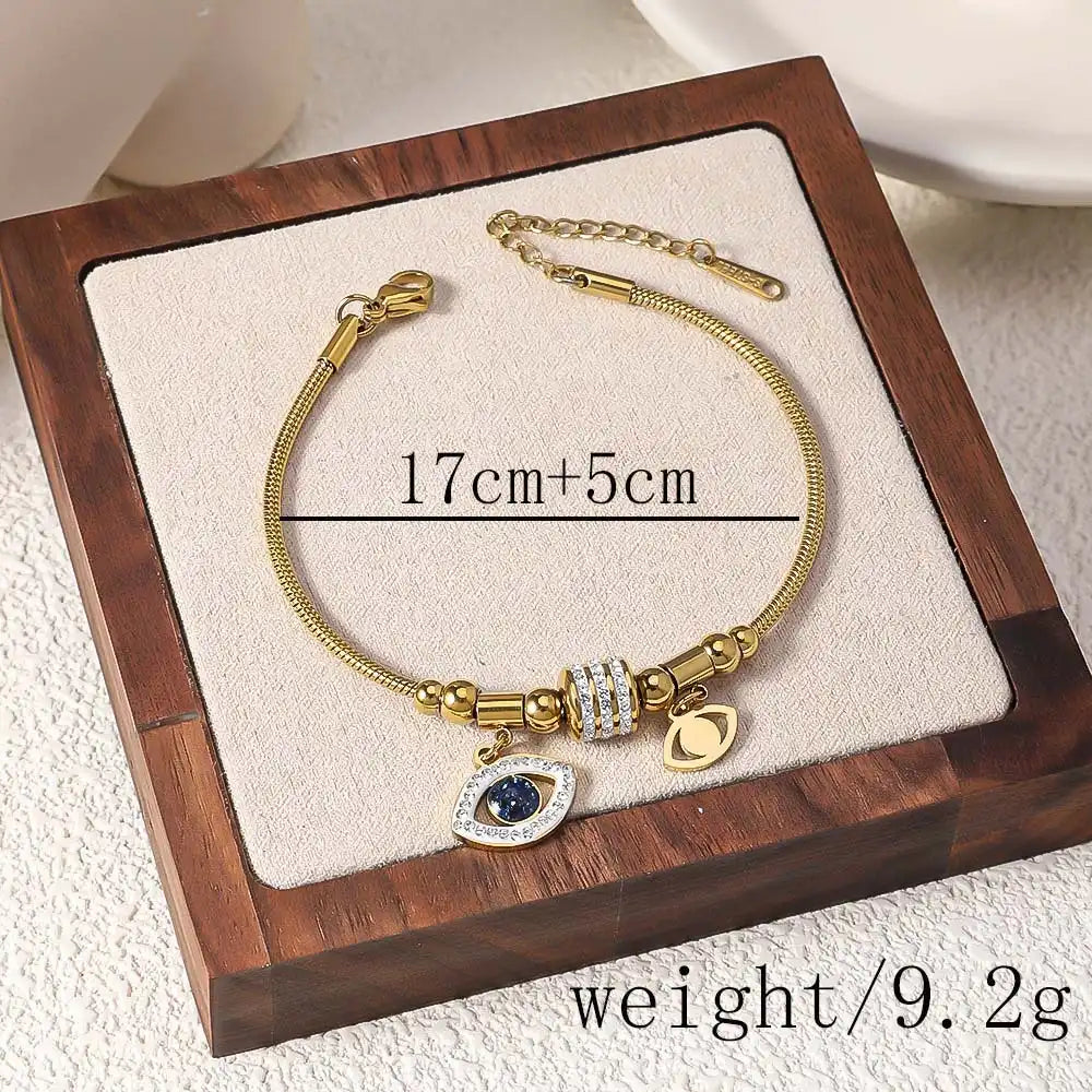 18K gold PVD titanium steel Rhinestone Inlay Eye Charm bracelet / 25303076