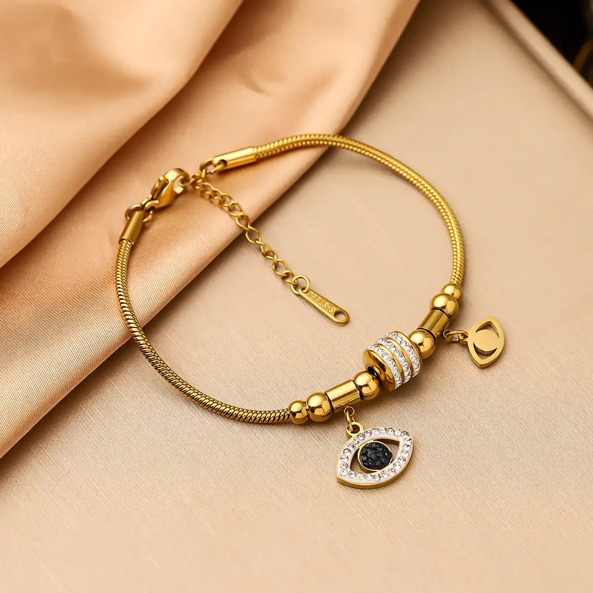 18K gold PVD titanium steel Rhinestone Inlay Eye Charm bracelet / 25303076