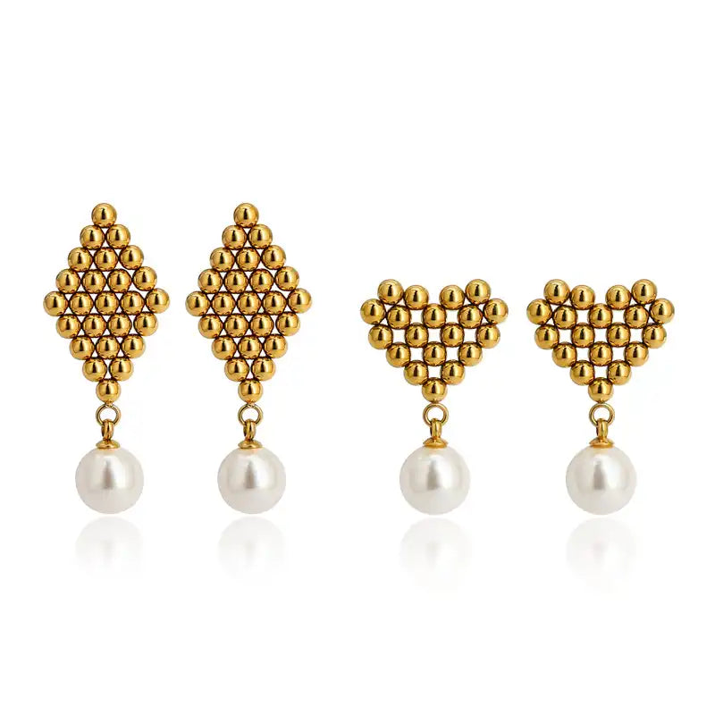 1 Pair 18K Gold PVD Vintage Braided Heart Pearl Tassel Drop Earrings / 25104006