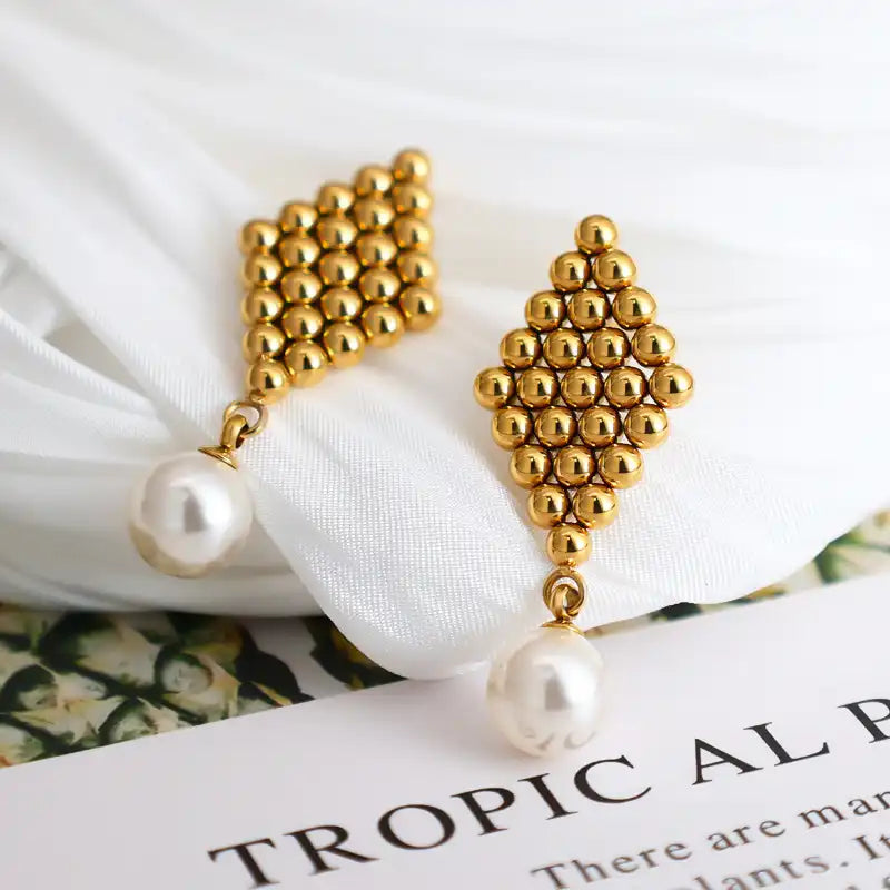1 Pair 18K Gold PVD Vintage Braided Heart Pearl Tassel Drop Earrings / 25104006