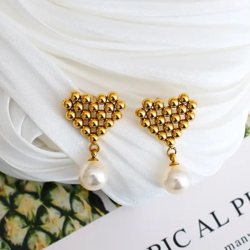1 Pair 18K Gold PVD Vintage Braided Heart Pearl Tassel Drop Earrings / 25104006