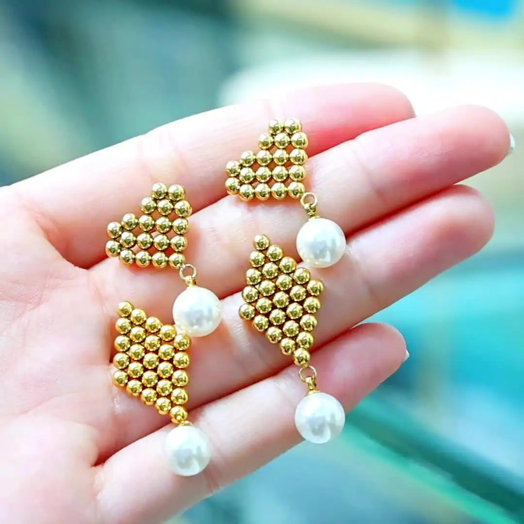 1 Pair 18K Gold PVD Vintage Braided Heart Pearl Tassel Drop Earrings / 25104006