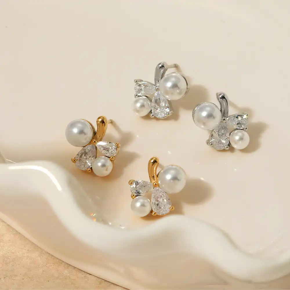 1 Pair 316L stainless steel Zircon and Pearly Inlay Stud earrings / 25104015