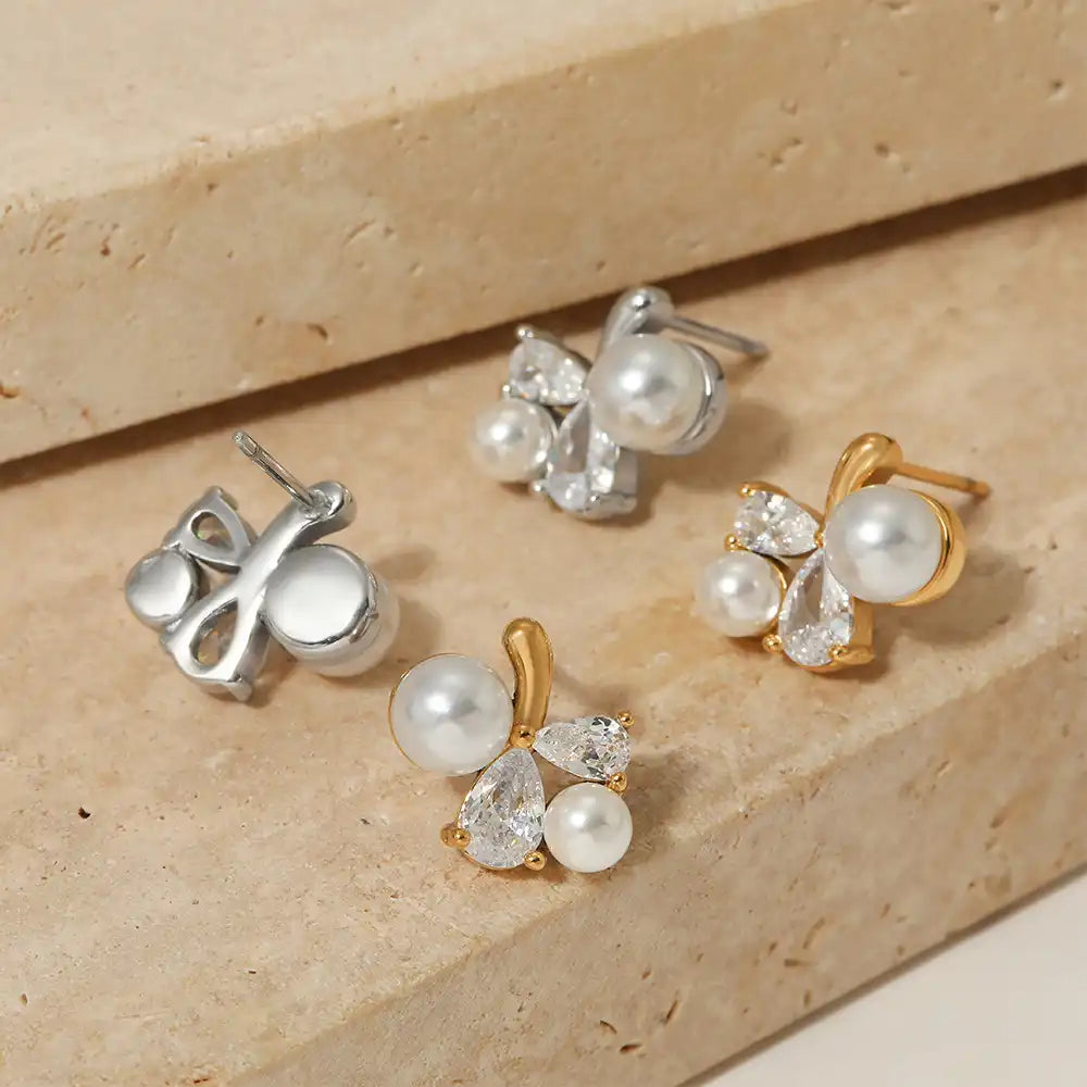 1 Pair 316L stainless steel Zircon and Pearly Inlay Stud earrings / 25104015