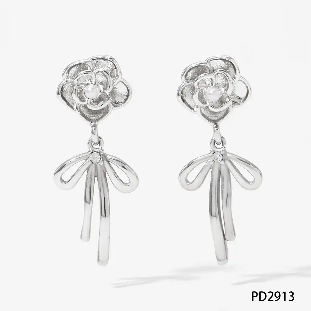 1 Pair 316 stainless steel pearl camellia bow vintage earrings / 25104020