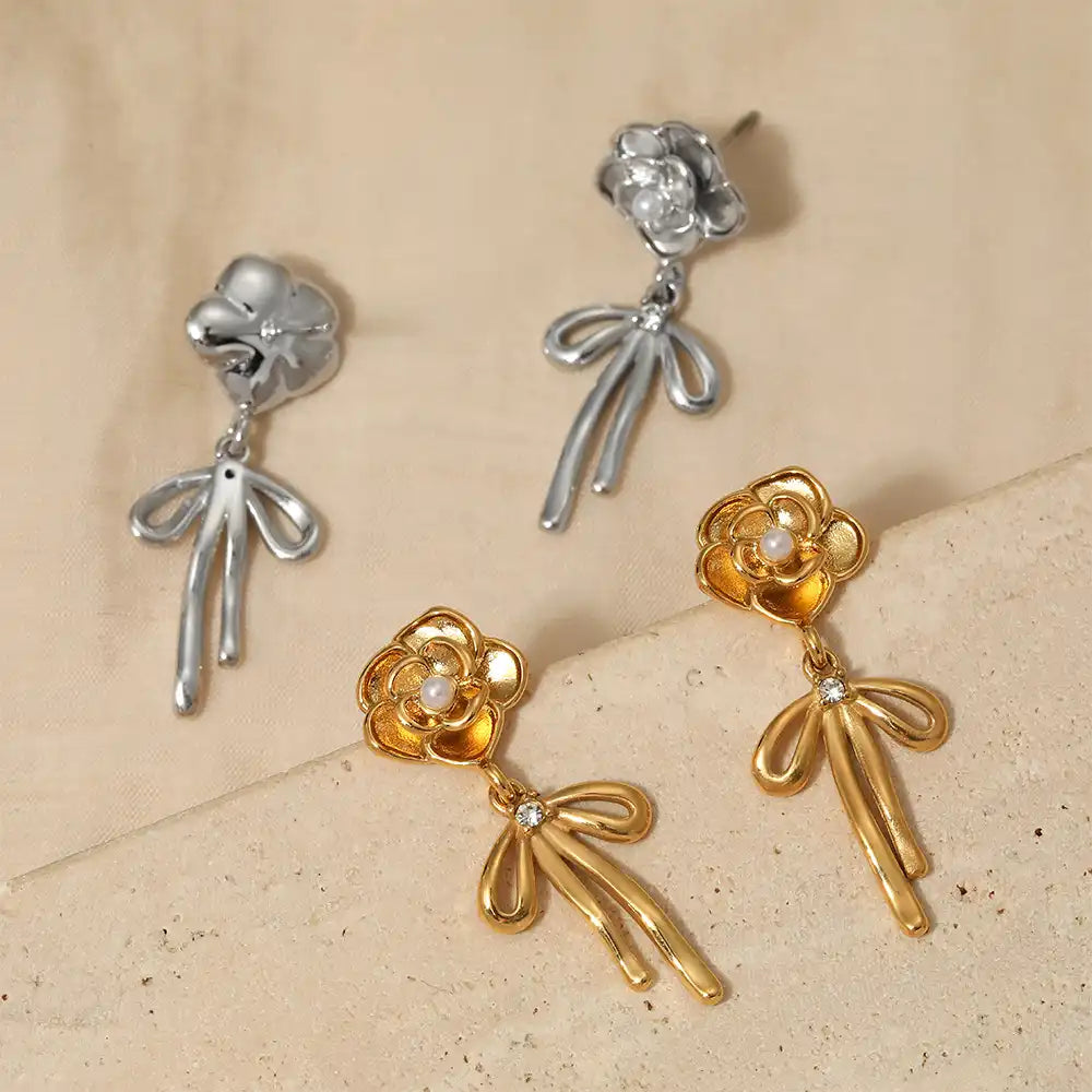1 Pair 316 stainless steel pearl camellia bow vintage earrings / 25104020