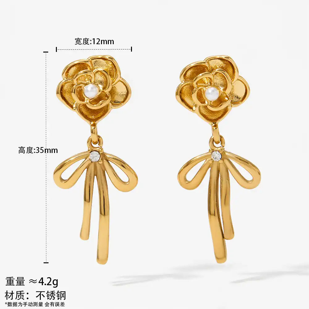 1 Pair 316 stainless steel pearl camellia bow vintage earrings / 25104020