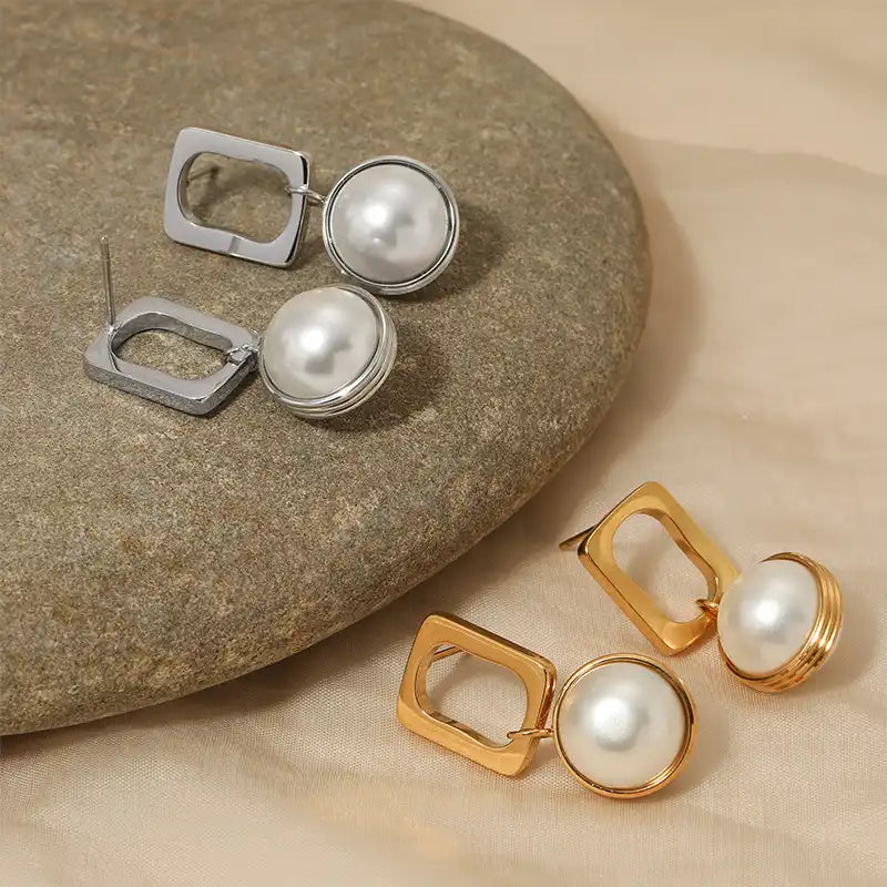 1 Pair 316 stainless steel pearl geometric square Drop earrings / 25104017