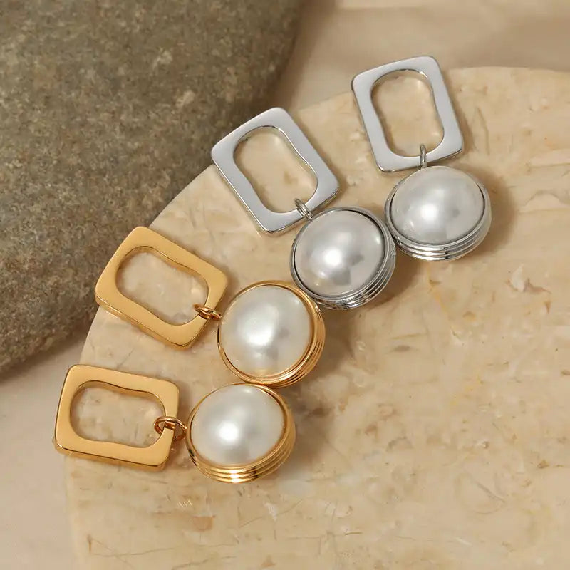 1 Pair 316 stainless steel pearl geometric square Drop earrings / 25104017
