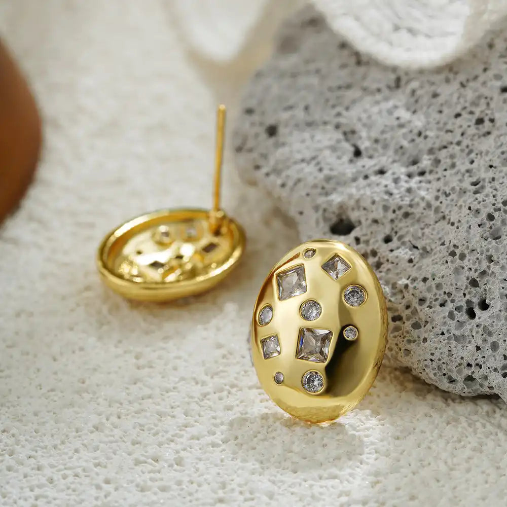 1 Pair Gold Plated Copper Oval Zircon Inlay Stud Earring / KE3067