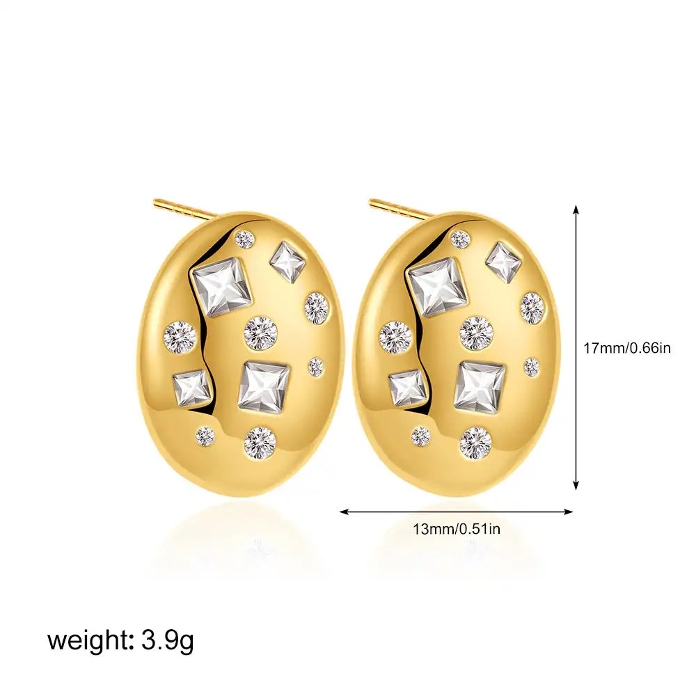 1 Pair Gold Plated Copper Oval Zircon Inlay Stud Earring / KE3067