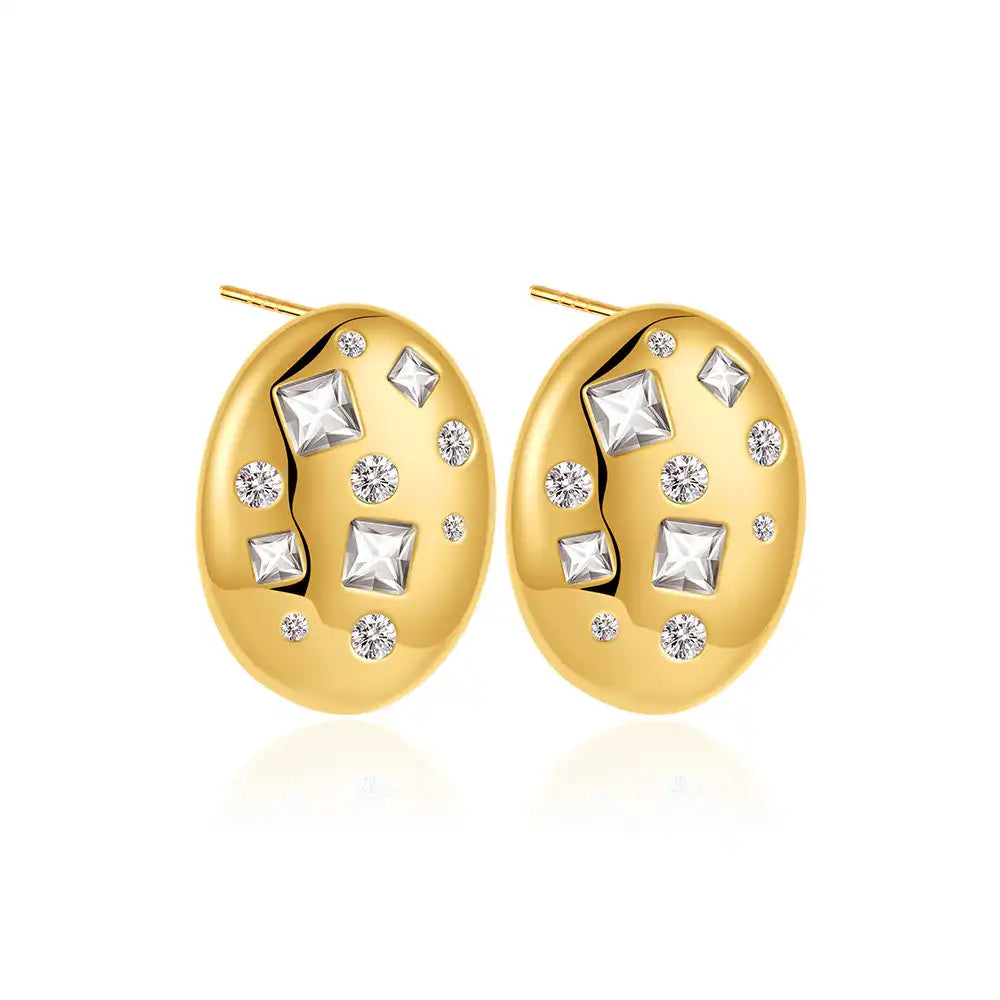 1 Pair Gold Plated Copper Oval Zircon Inlay Stud Earring / KE3067