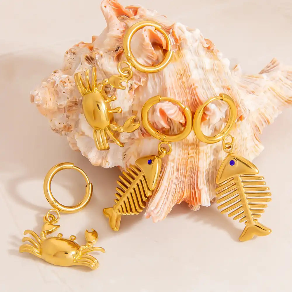 1 Pair Stainless Steel Crab Bone Fish Drop Earrings / 25104023