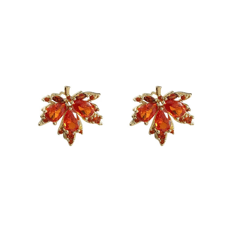 1 Pair Sterling Silver Zircon Maple Leaf Stud Earring / KE3063
