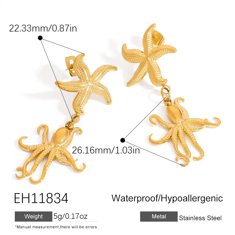1 Pair Stainless Steel Ocean Life Style Beach Shell Octopus Drop Earrings / 25104025