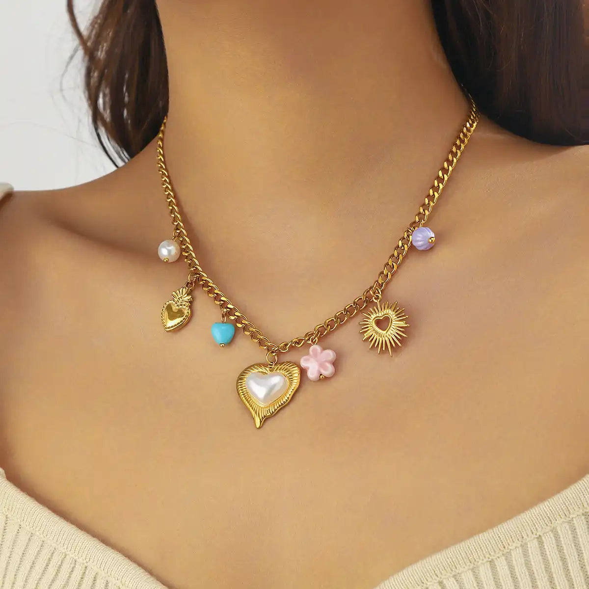 Gold Plated Stainless Steel Heart Charm Necklace / KN4010