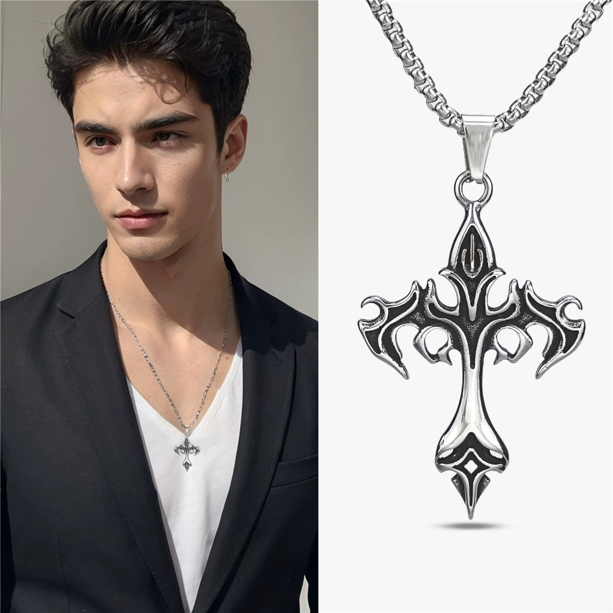 60cm Stainless Steel Vintage Flame Cross Pendant Necklace / KJ0243