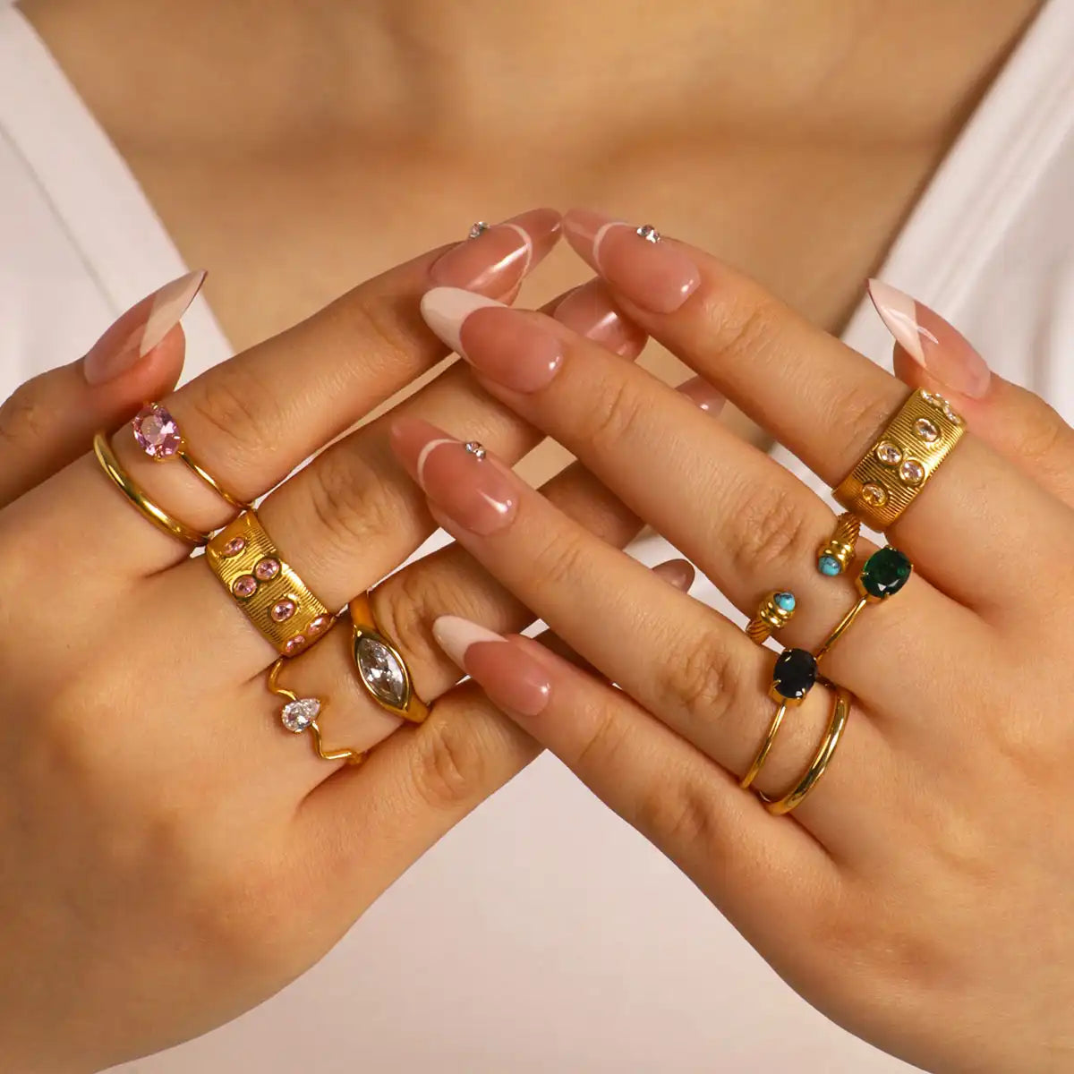 Colorful zircon 18K gold stainless steel ring / 25204007