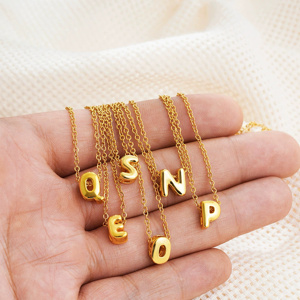 Gold PVD Stainless Steel Chain Copper Bubble Letter Initial Pendant Necklace / KN1024
