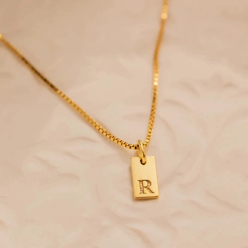 Gold PVD Stainless Steel Square Letter Initial Pendant Necklace / KN1025