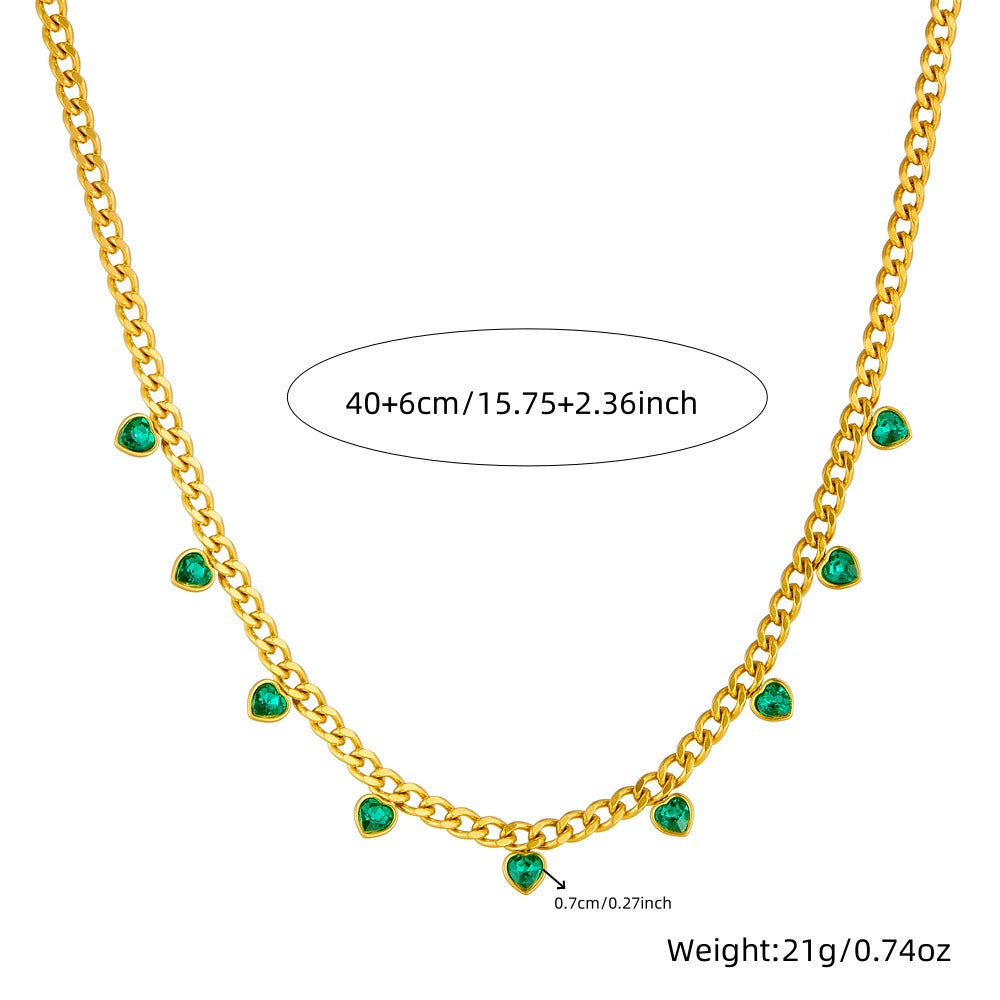 Gold Plated Stainless Steel Chain Rhinestone Inlay Heart Charm Necklace / KN4001