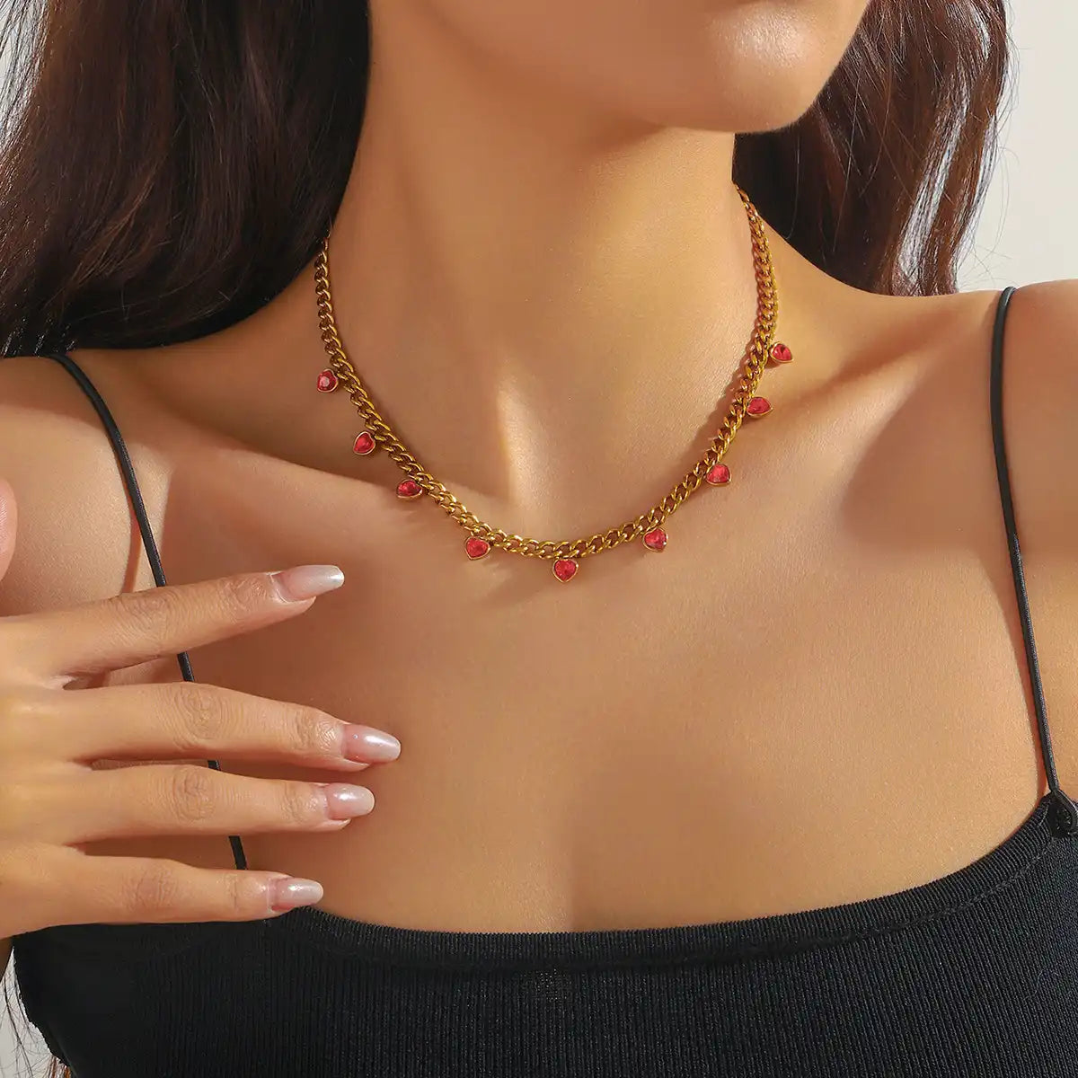 Gold Plated Stainless Steel Chain Rhinestone Inlay Heart Charm Necklace / KN4001