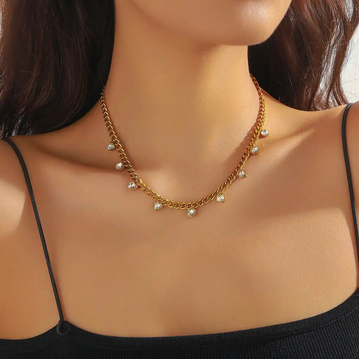 Gold Plated Stainless Steel Chain Rhinestone Inlay Heart Charm Necklace / KN4001