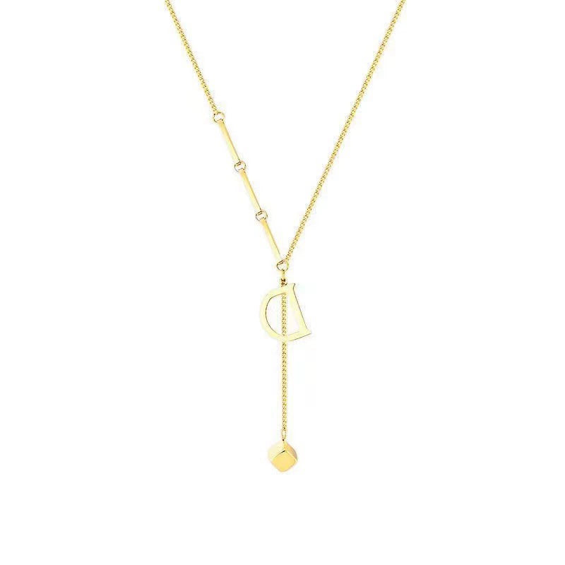 Gold Plated Stainless Steel D Pendant Lariat Necklace / KN2002