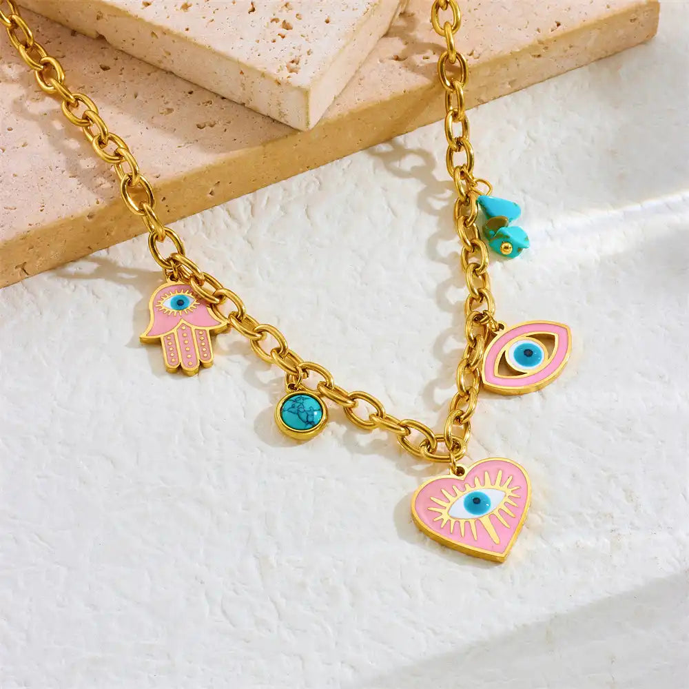 Gold Plated Stainless Steel Eye Heart Charm Necklace / KN4014