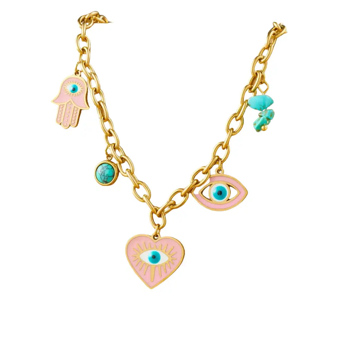 Gold Plated Stainless Steel Eye Heart Charm Necklace / KN4014